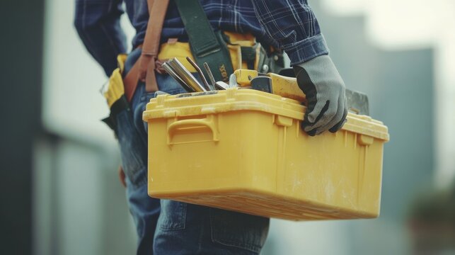 Construction worker carrying tools across a site. Featuring practicality and mobility