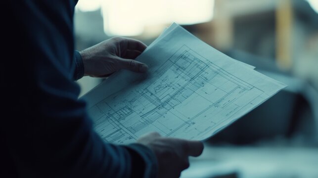 Construction worker checking blueprint at construction site. Featuring focus and planning