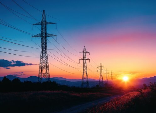 sunset electricity pylons silhouettes transmission lines power energy clean renewable industrial landscape