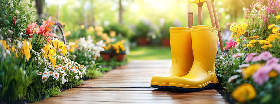 Yellow rubber boots, gardening tools, and flower pots on wooden pathway in a sunny spring garden.