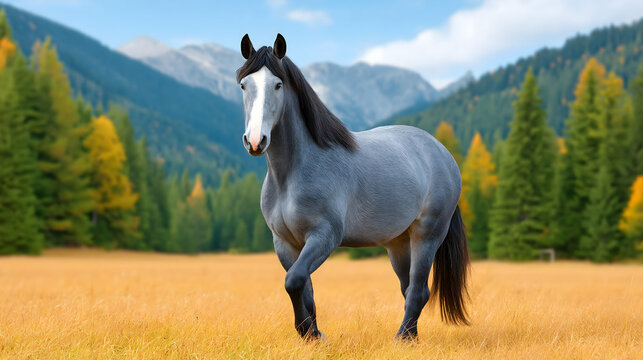 Majestic blue roan horse standing in an autumnal meadow, mountains in the background