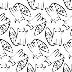 Fototapeta premium Seamless black and white cartoon fox pattern with cute sitting and sleeping foxes, playful minimal line art design perfect for kids fabrics, coloring pages, wallpapers, and surface prints