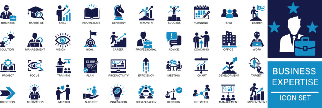Business Expertise Icon Set Business, Management, Leadership, Strategy, Productivity, Team, Growth You can easily change the color.