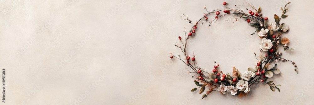 Poster wreath of tiny flowers and berries on a soft textured background in lapki illustration style depicti