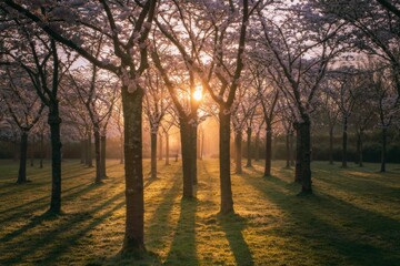 Rows of cherry blossom trees glowing in the golden morning sun, springtime atmosphere