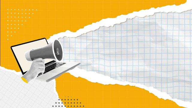 Trendy Halftone Collage Laptop with Megaphone and torn paper.Social media communication