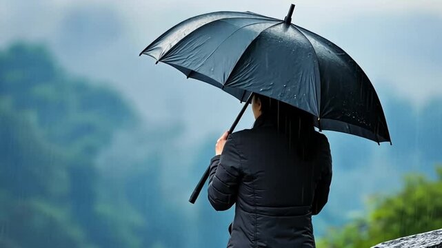 Person with an umbrella standing in the rain, surrounded by lush green mountains and mist
