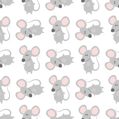 Seamless cute mouse pattern with gray cartoon mice on white background - playful and charming design for kids' fabrics, wallpapers, nursery decor, scrapbooking, and creative craft projects.