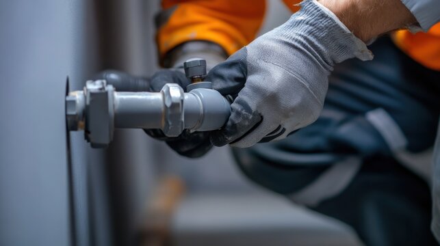Plumber installing drainage pipes at a residential construction site. Featuring attention to detail and technical skill