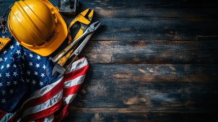 Yellow hard hat and tools on american flag wooden background