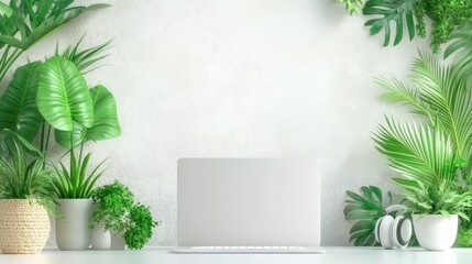 Modern Workspace: An open laptop sits amidst lush green plants, creating a serene and productive workspace, embodying the perfect blend of nature and technology for focused productivity.