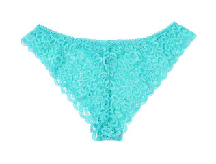 Women's underwear. Beautiful light blue panties isolated on white, top view