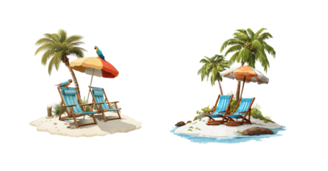 Relaxing beach setting with colorful chairs and tropical elements under clear skies