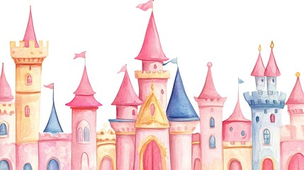 Fototapeta premium Whimsical storybook castle fantasy pink watercolor kingdom dream princess magic world soft charm picture