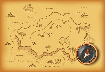 Old pirate map of treasure island on an old parchment paper next to the compass. Vector illustration.