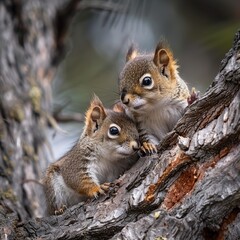 Fototapeta premium Energetic Squirrels Playfully Leaping Between Spring Trees, Celebrating the Season’s Beauty