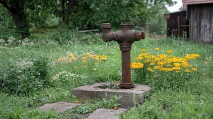 Fototapeta premium Rustic outdoor water pump amid lush greenery and wildflowers in a rural setting