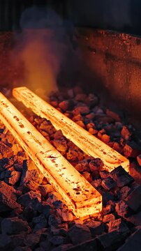 Heated metal bars glowing orange with smoke emanating from forge coals ready for blacksmithing