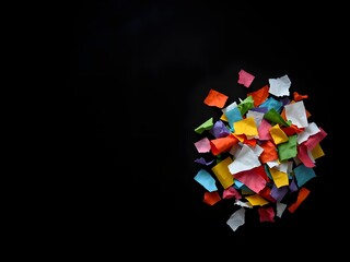 A pile of torn pieces of colored paper located on the right on a black background. Created with Generative AI technology