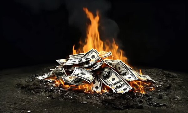 Burning cash in dramatic flames symbolizes financial crisis, waste, and economic collapse with intense emotional impact and visual metaphor.