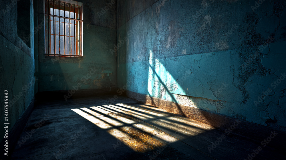 Poster sunbeams stream through a barred window into a dark, grunge room with teal walls and a stone floor, 