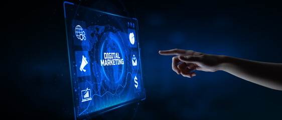 DIgital marketing online internet SEO SEM SMM. Hand pressing button on screen.