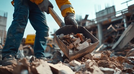 Construction worker clearing debris from a construction site. Featuring care and safety