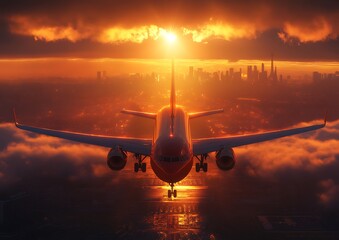 Airplane Landing City Sunset