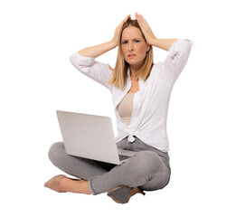 Portrait of attractive mad disappointed young woman sitting lotus position using laptop bad news...