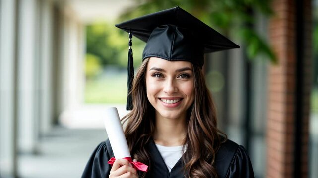 Happy woman graduate in black caps and gowns holding diplomas outdoors on campus. Young people celebrating academic achievement with bright smiles on graduation day.