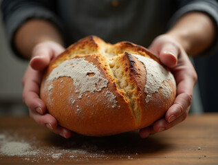 Baker with freshly baked bread. Bakery background