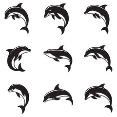 Naklejka premium Dolphin fish animal Vector Black silhouettes. Good use for symbol, logo, mascot, web icon, sticker design, sign, or any design you want. Easy to use. with white background