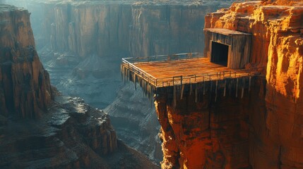 A wooden podium perched on a narrow ledge, surrounded by towering red rock formations