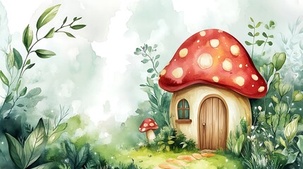 Magical mushroom house enchanted forest greenery fantasy fairyland charm nature watercolor fairytale home image