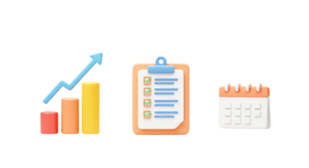 Illustration of a bar graph with an arrow, a checklist, and a calendar on a black background