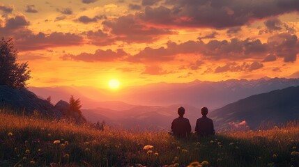Fototapeta premium Silhouetted pair watching sunset in mountain field