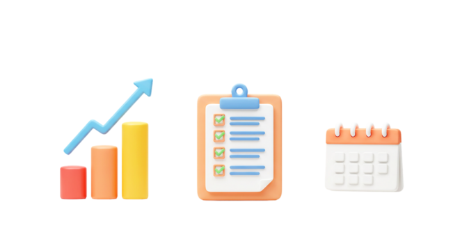 Illustration of a bar graph with an arrow, a checklist, and a calendar on a black background