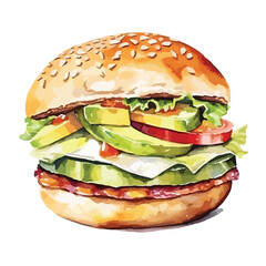 watercolor A gourmet burger with bacon and avocado