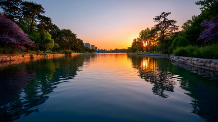 Serene sunset over calm lake reflecting cityscape and lush parkland