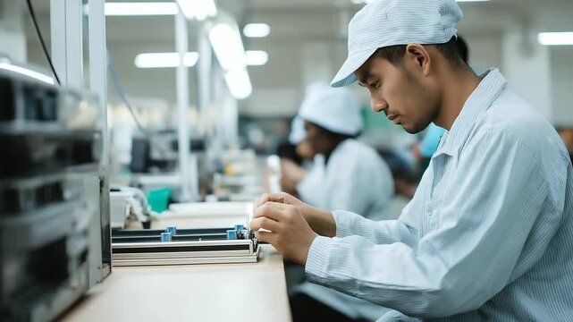 Worker packaging electronics for export in a noisy factory