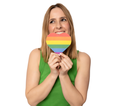 Happy woman showing rainbow LGBT heart isolated over transparent background.