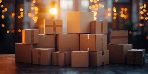 Hyper-realistic Still Life of Stacked Cardboard Boxes with Soft Bokeh Lighting