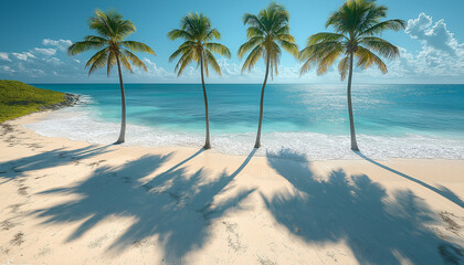 Obraz premium Four palm trees cast long shadows on a pristine tropical beach at sunrise, turquoise ocean, tranquil scene