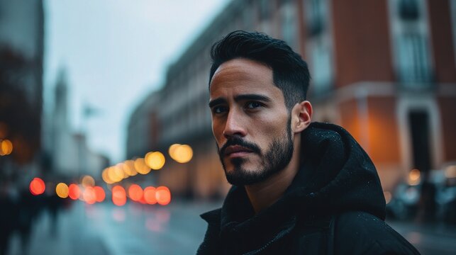 Handsome Latino Man Standing in City Street with Urban Background