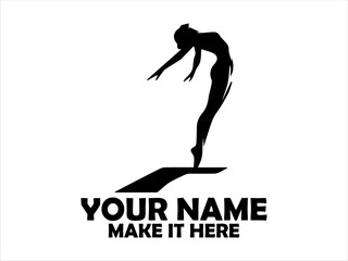 Female diver in mid-air leaps dynamically from a diving board in a stark black silhouette against a light background. Water sport concept and logo vector design