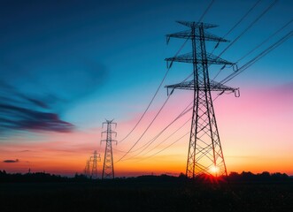 sunset silhouette of electricity pylons transporting renewable energy