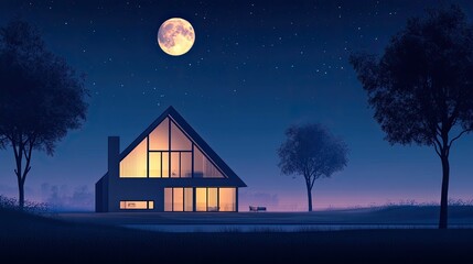 Modern house glows warmly under a full moon.