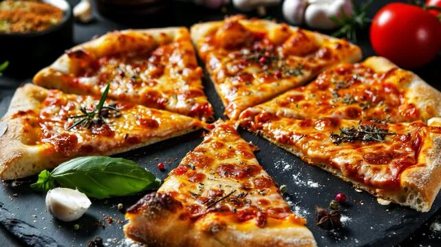Video of mouthwatering pizza cut into slices, with garlic and basil. Useful for restaurant commercials, cooking shows, food blogs, pizzeria promos.
