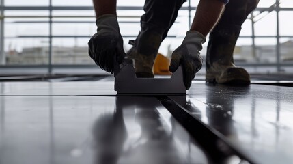 Fototapeta premium Construction worker cutting metal sheets with a shear cutter. Featuring precision and focus