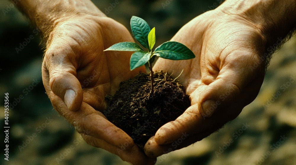 Poster nurturing hands protect a tiny tree sprouting from rich soil against a clean, natural backdrop durin